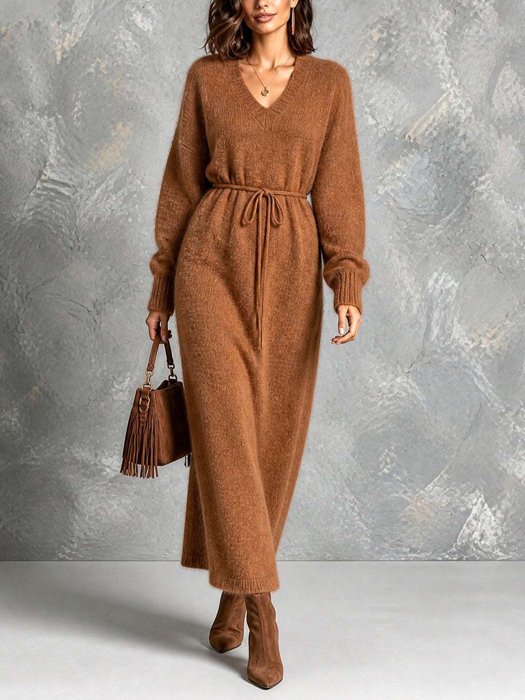 Chic Elegant Caramel Brown V-Neck Dropped-Shoulder Long-Sleeve Belted Loose-Fit Soft Mohair Blend Knit Maxi Dress