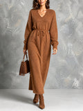 Chic Elegant Caramel Brown V-Neck Dropped-Shoulder Long-Sleeve Belted Loose-Fit Soft Mohair Blend Knit Maxi Dress