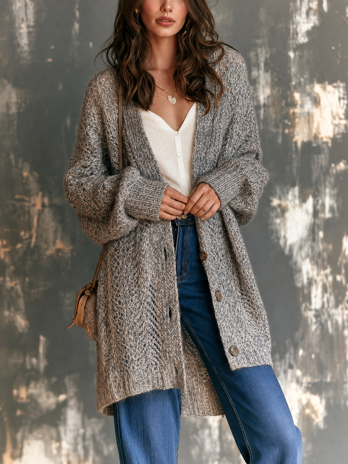 Chic Elegant Gray Melange V-Neck Single-Breasted Dropped-Shoulder Long-Sleeve Loose-Fit Mohair Mesh Knit Cardigan