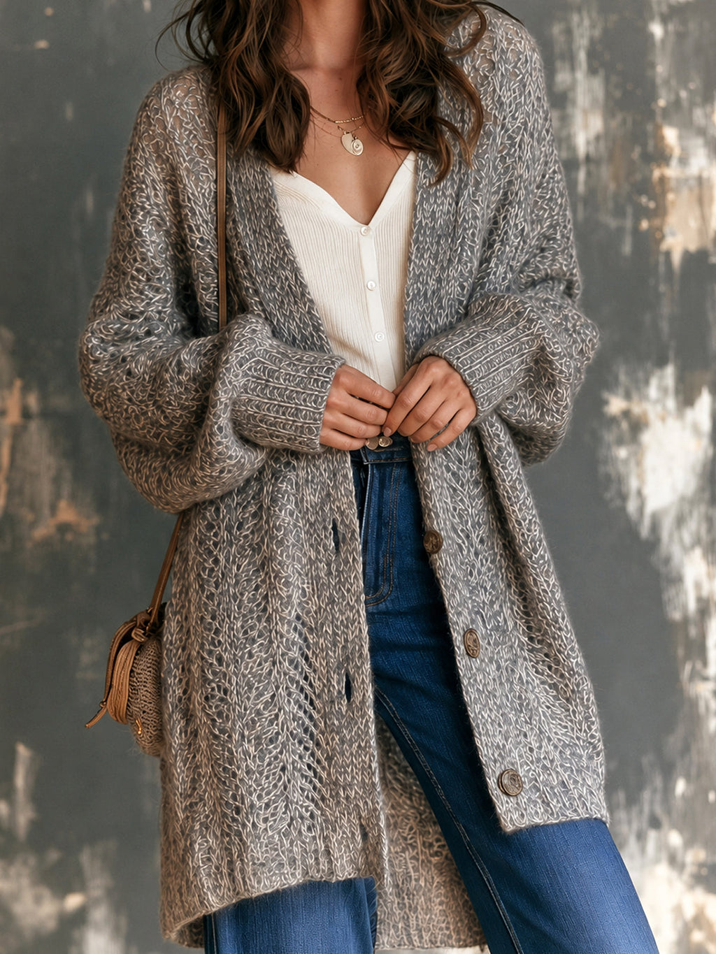 Chic Elegant Gray Melange V-Neck Single-Breasted Dropped-Shoulder Long-Sleeve Loose-Fit Mohair Mesh Knit Cardigan