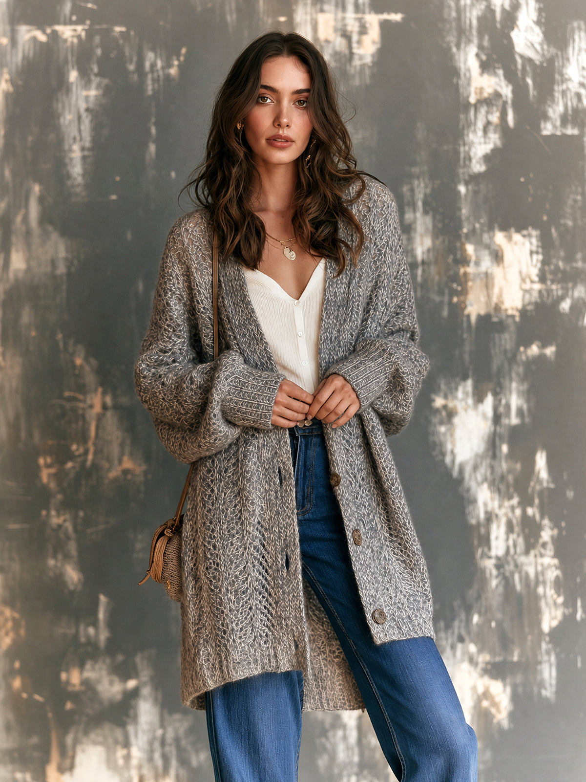 Chic Elegant Gray Melange V-Neck Single-Breasted Dropped-Shoulder Long-Sleeve Loose-Fit Mohair Mesh Knit Cardigan