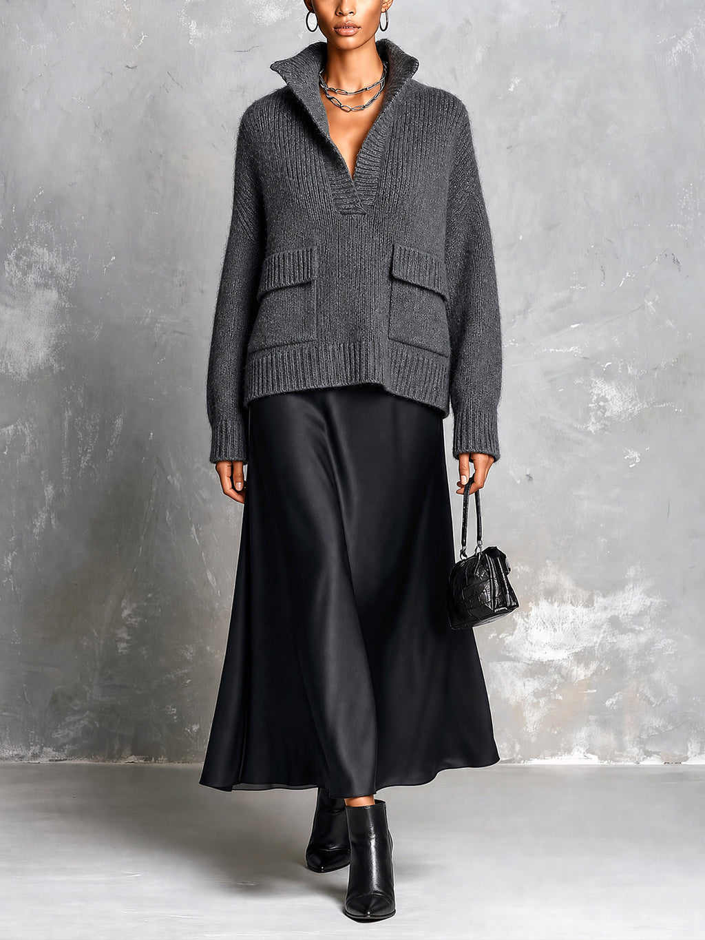 Chic Elegant Gray Stand Collar V-Neck Long-Sleeve Flap Pockets Loose-Fit Sweater Black Satin A-Line Maxi Skirt Two-Piece Set