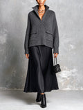 Chic Elegant Gray Stand Collar V-Neck Long-Sleeve Flap Pockets Loose-Fit Sweater Black Satin A-Line Maxi Skirt Two-Piece Set