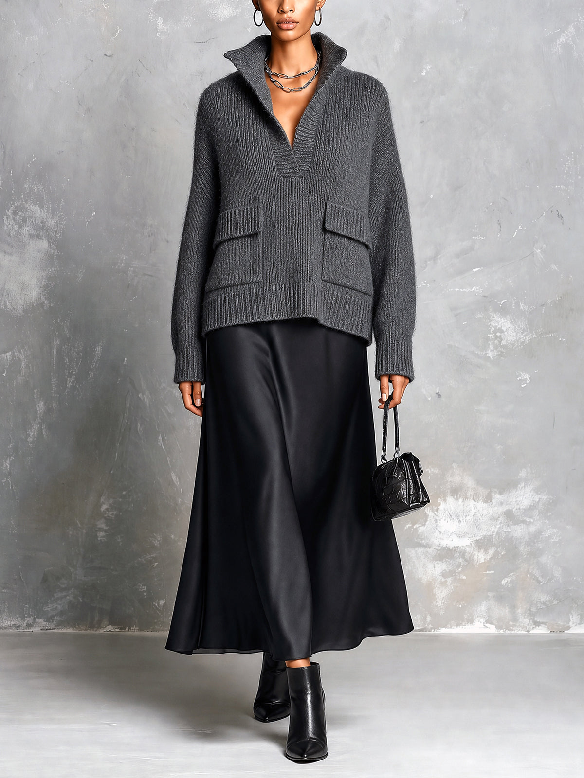 Chic Elegant Gray Stand Collar V-Neck Long-Sleeve Flap Pockets Loose-Fit Sweater Black Satin A-Line Maxi Skirt Two-Piece Set
