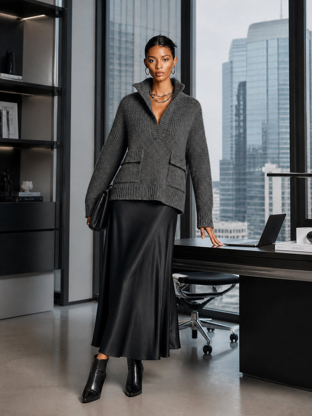 Chic Elegant Gray Stand Collar V-Neck Long-Sleeve Flap Pockets Loose-Fit Sweater Black Satin A-Line Maxi Skirt Two-Piece Set