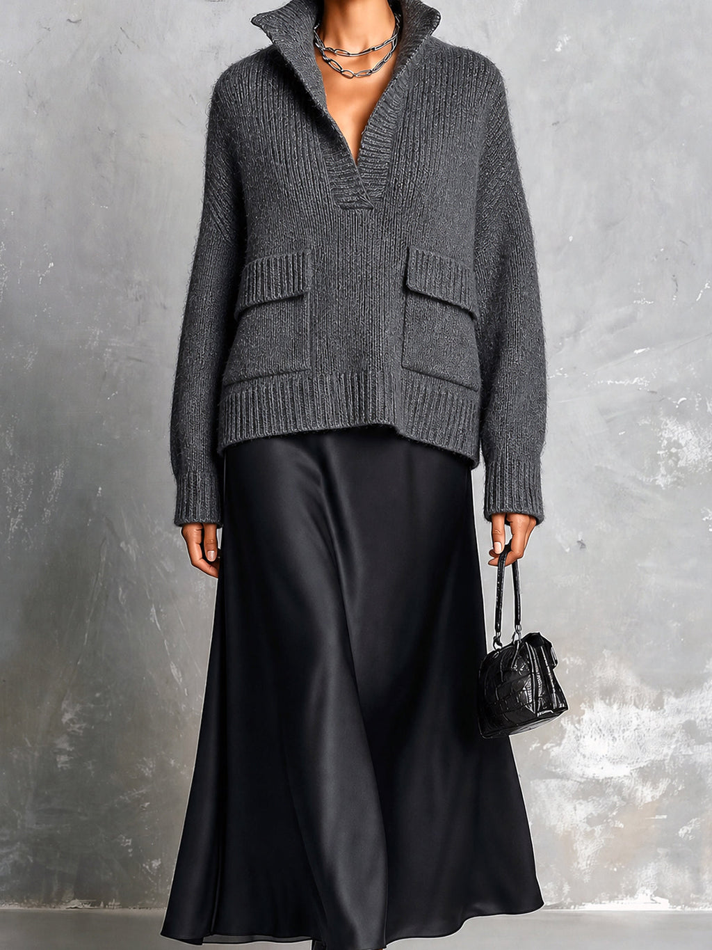 Chic Elegant Gray Stand Collar V-Neck Long-Sleeve Flap Pockets Loose-Fit Sweater Black Satin A-Line Maxi Skirt Two-Piece Set