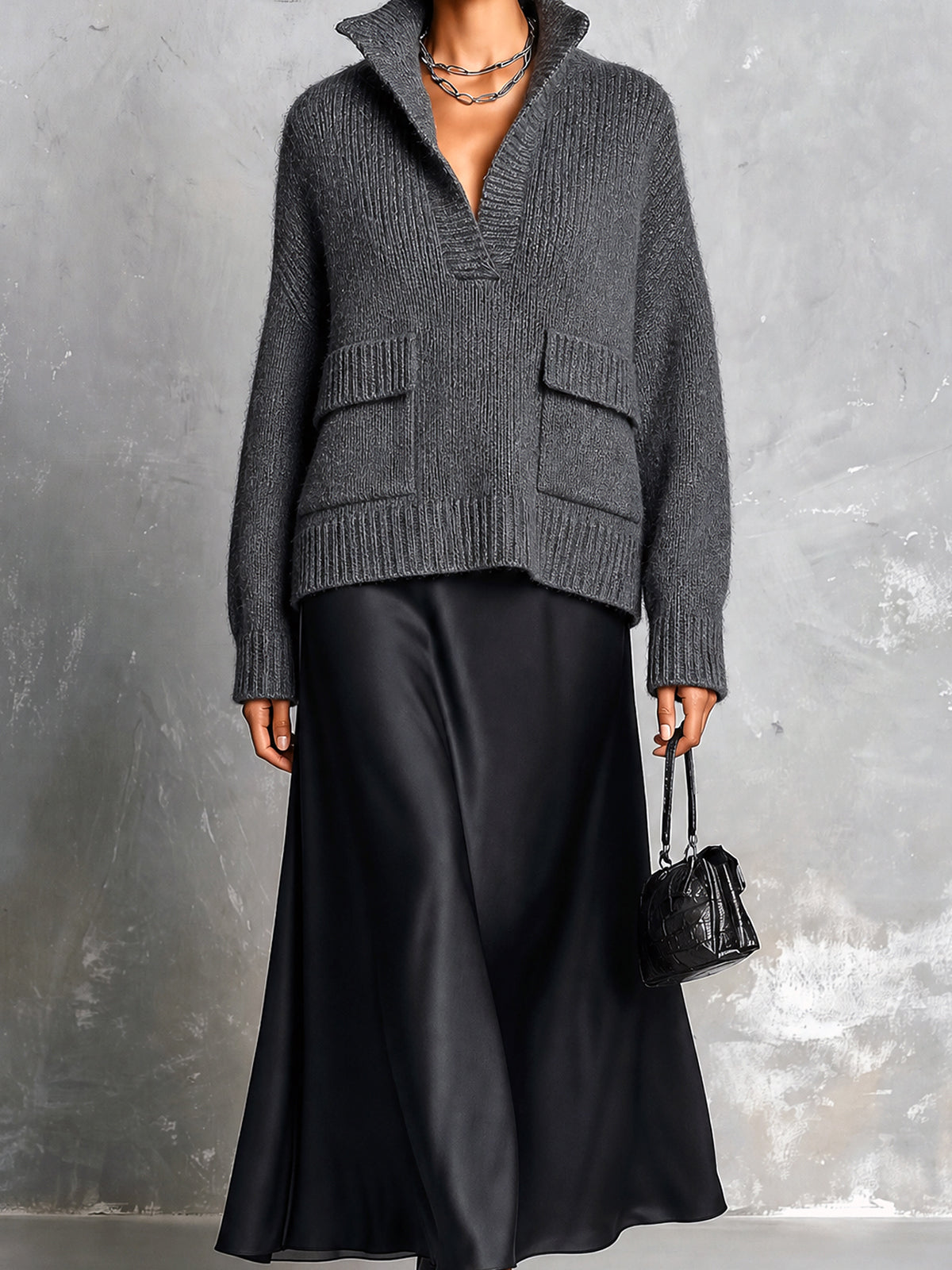 Chic Elegant Gray Stand Collar V-Neck Long-Sleeve Flap Pockets Loose-Fit Sweater Black Satin A-Line Maxi Skirt Two-Piece Set