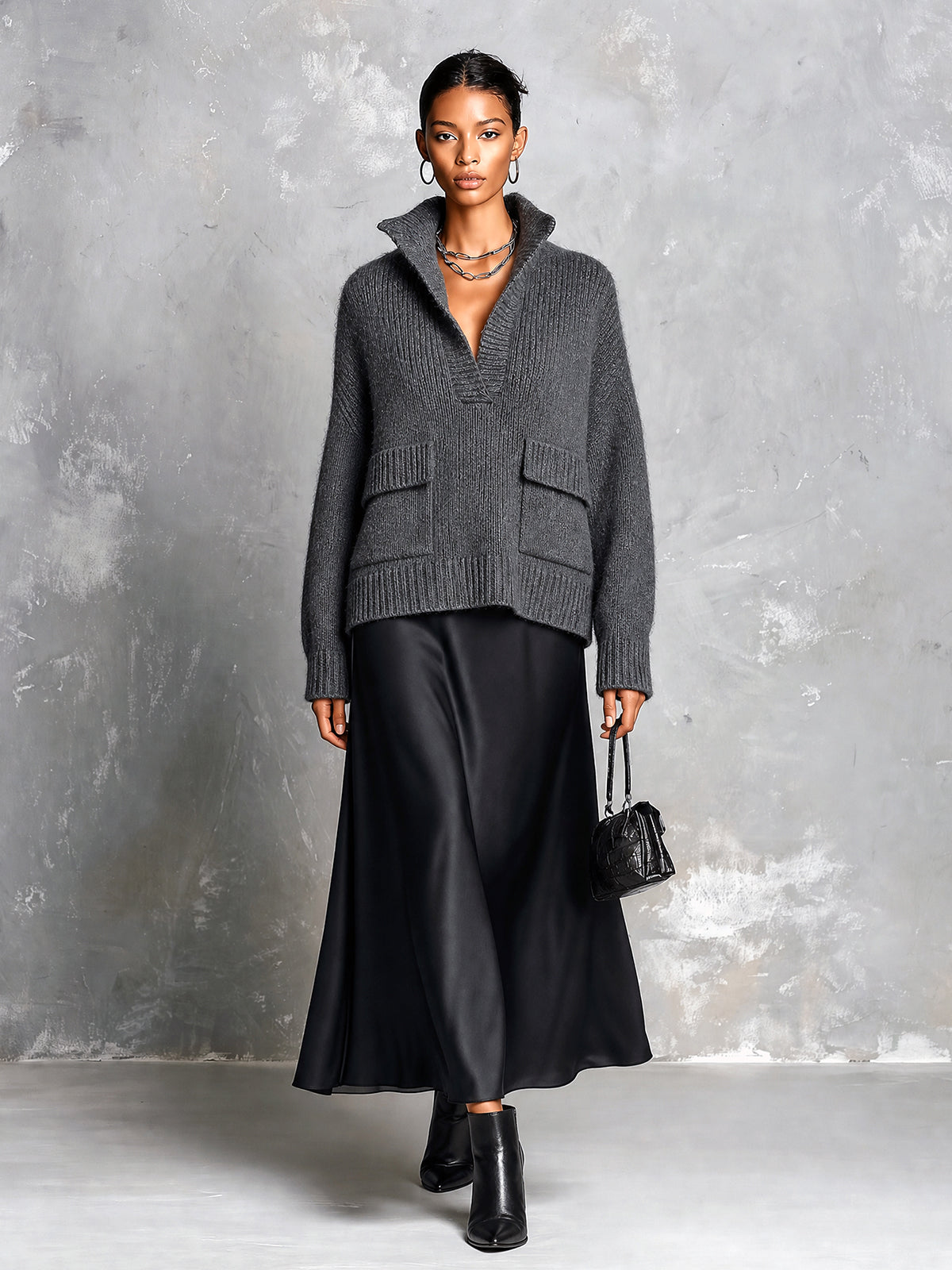 Chic Elegant Gray Stand Collar V-Neck Long-Sleeve Flap Pockets Loose-Fit Sweater Black Satin A-Line Maxi Skirt Two-Piece Set