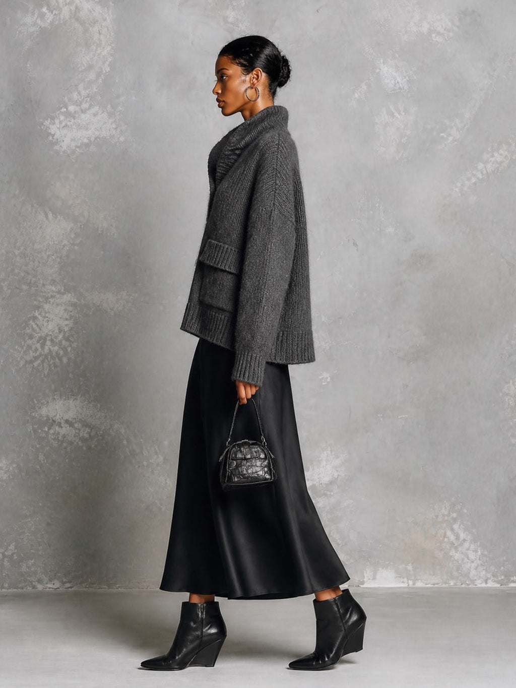 Chic Elegant Gray Stand Collar V-Neck Long-Sleeve Flap Pockets Loose-Fit Sweater Black Satin A-Line Maxi Skirt Two-Piece Set