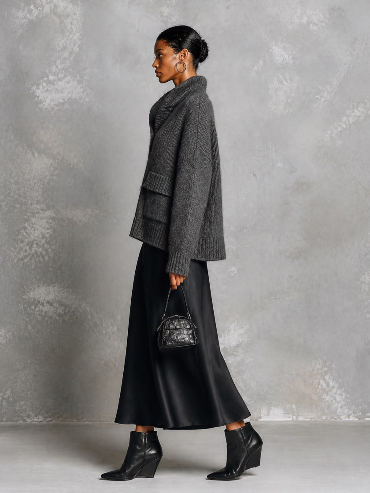 Chic Elegant Gray Stand Collar V-Neck Long-Sleeve Flap Pockets Loose-Fit Sweater Black Satin A-Line Maxi Skirt Two-Piece Set