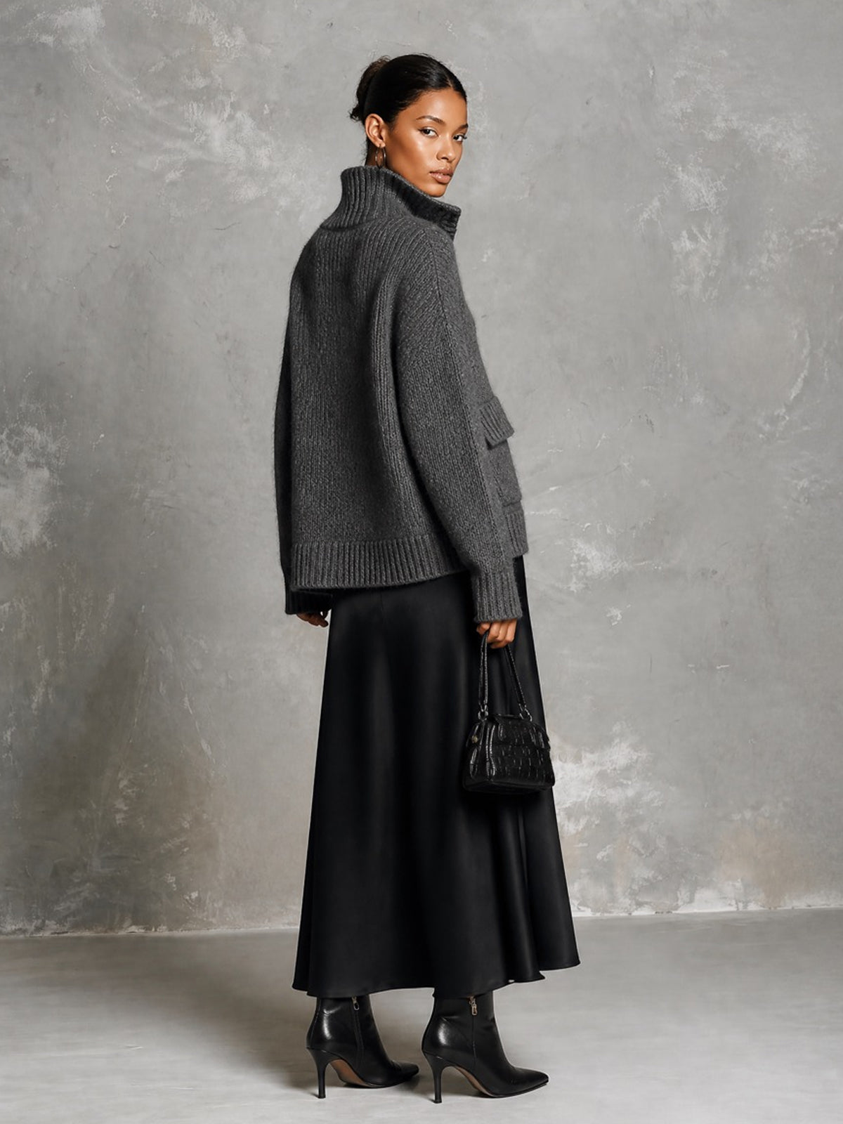 Chic Elegant Gray Stand Collar V-Neck Long-Sleeve Flap Pockets Loose-Fit Sweater Black Satin A-Line Maxi Skirt Two-Piece Set
