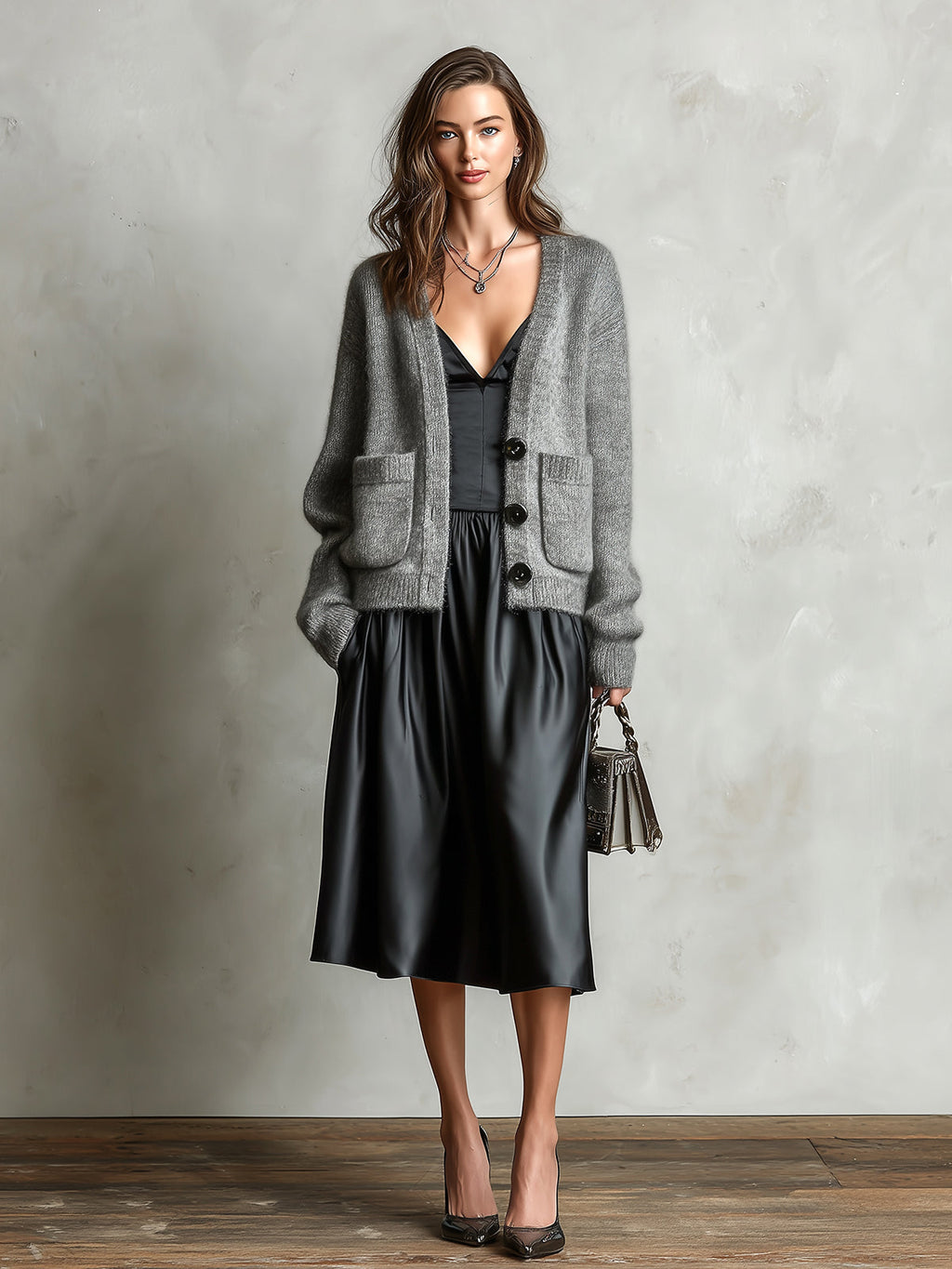 Chic Elegant Black Spaghetti-Strap V-Neck A-Line Satin Midi Dress Gray Single-Breasted Patch Pockets Wool Blend Knit Cardigan Two-Piece Set