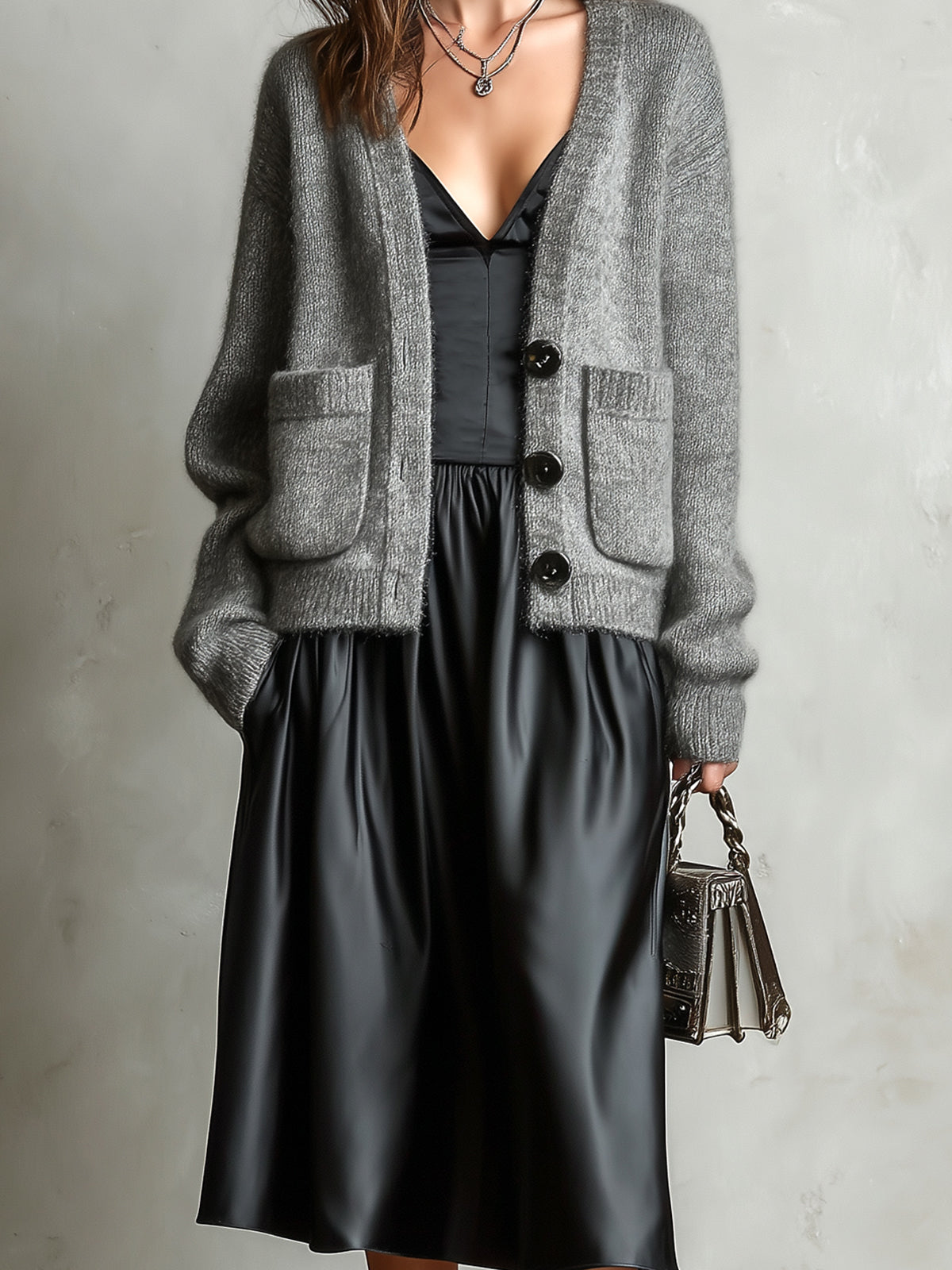 Chic Elegant Black Spaghetti-Strap V-Neck A-Line Satin Midi Dress Gray Single-Breasted Patch Pockets Wool Blend Knit Cardigan Two-Piece Set
