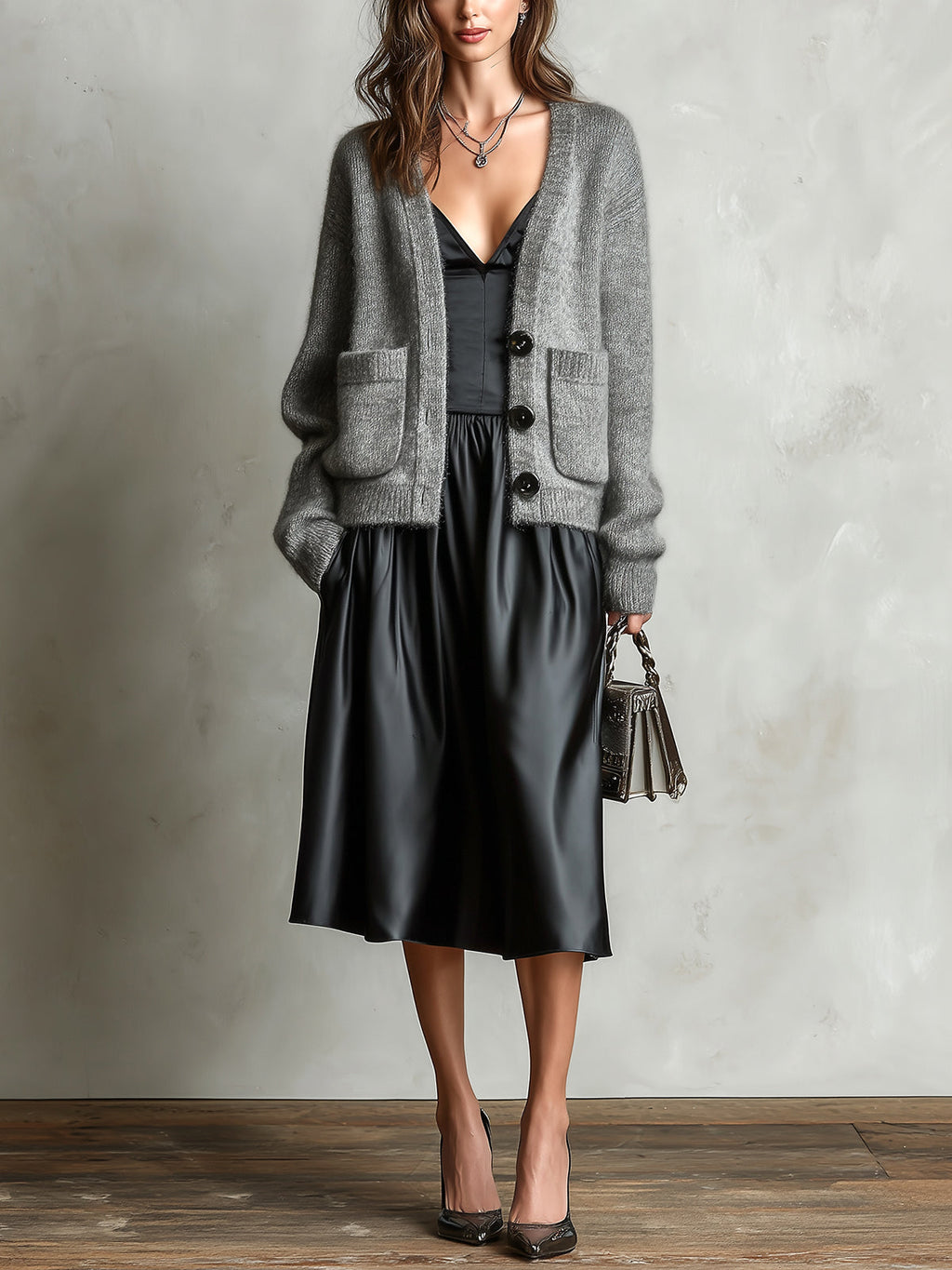 Chic Elegant Black Spaghetti-Strap V-Neck A-Line Satin Midi Dress Gray Single-Breasted Patch Pockets Wool Blend Knit Cardigan Two-Piece Set