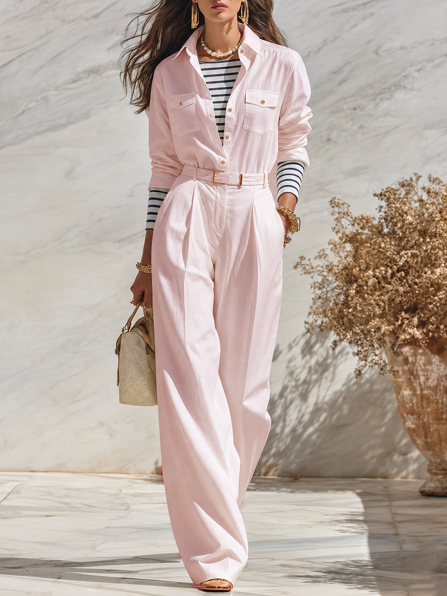 Resort-style Collared Long-sleeved Solid Color Jumpsuit