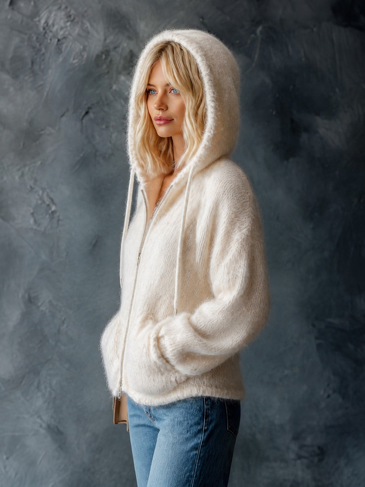 Chic Casual Cream White Hooded Collar Zipper-Placket Dropped-Shoulder Long-Sleeve Loose-Fit Mohair Blend Knit Cardigan