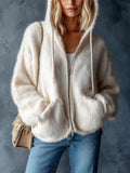 Chic Casual Cream White Hooded Collar Zipper-Placket Dropped-Shoulder Long-Sleeve Loose-Fit Mohair Blend Knit Cardigan