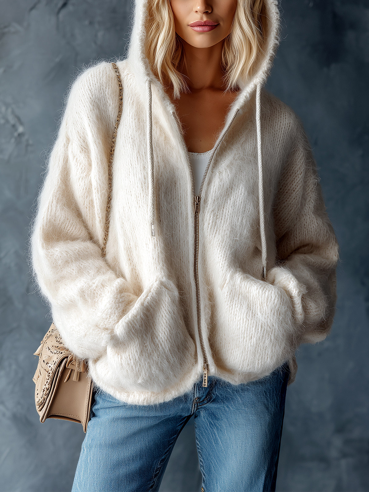 Chic Casual Cream White Hooded Collar Zipper-Placket Dropped-Shoulder Long-Sleeve Loose-Fit Mohair Blend Knit Cardigan