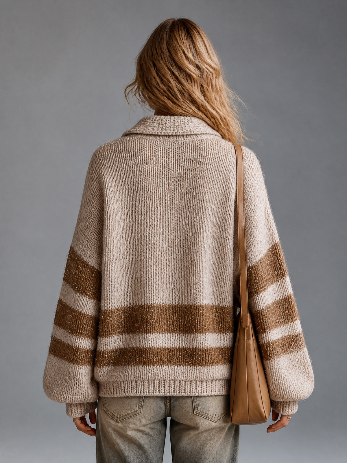 Chic Casual Camel-Brown Colorblock Stripes Lapel V-Neck Long-Sleeve Loose-Fit Wool Blend Knit Sweater