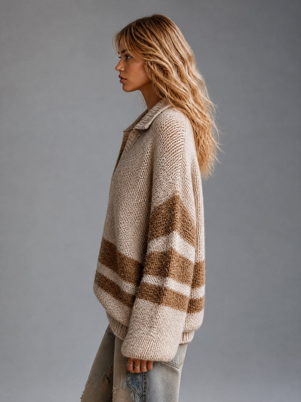 Chic Casual Camel-Brown Colorblock Stripes Lapel V-Neck Long-Sleeve Loose-Fit Wool Blend Knit Sweater