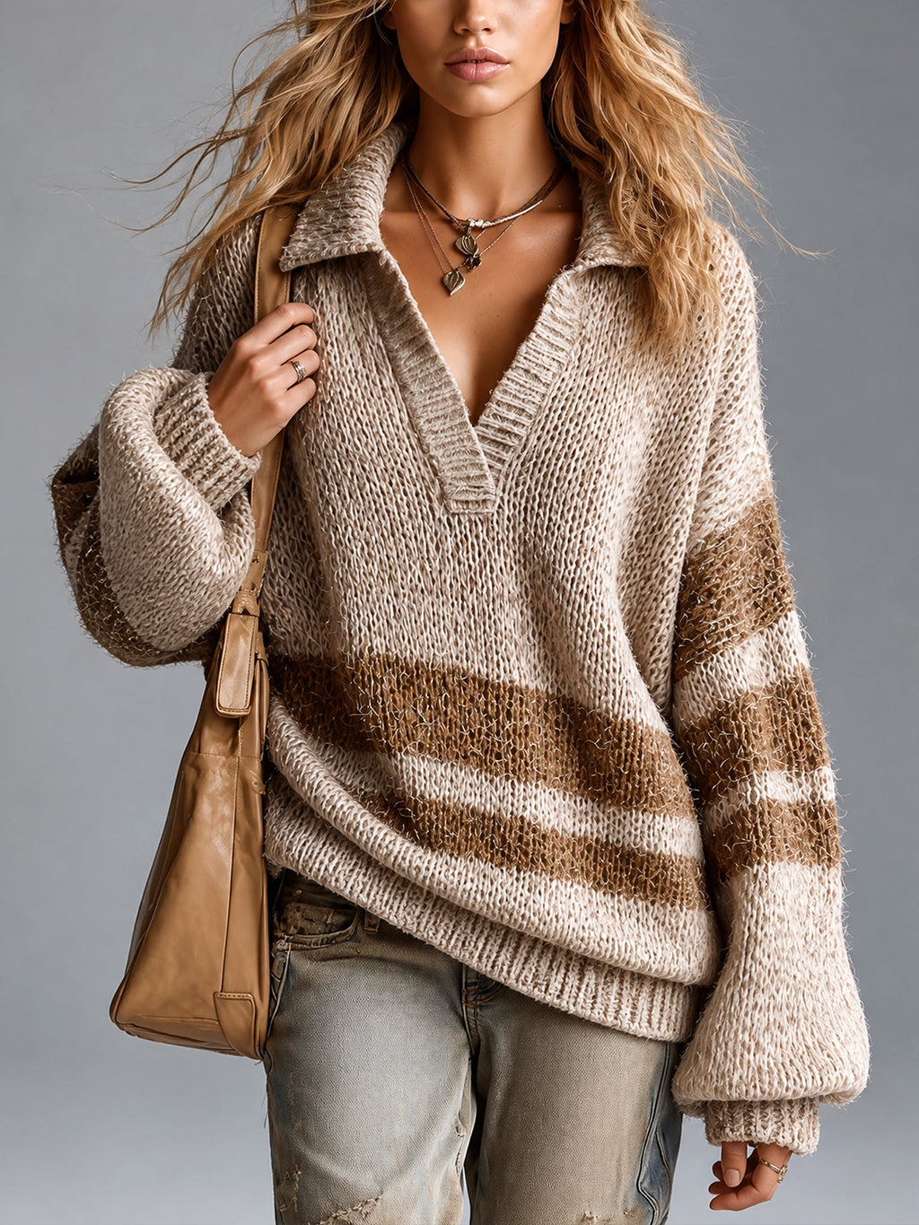 Chic Casual Camel-Brown Colorblock Stripes Lapel V-Neck Long-Sleeve Loose-Fit Wool Blend Knit Sweater