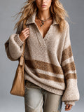 Chic Casual Camel-Brown Colorblock Stripes Lapel V-Neck Long-Sleeve Loose-Fit Wool Blend Knit Sweater