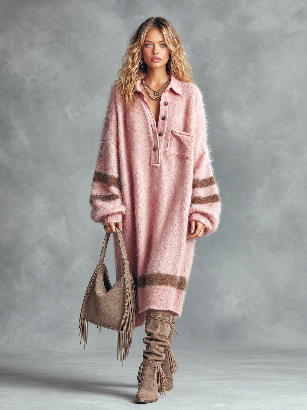 Chic Casual Pink Button-Up Lapel-Collar Long-Sleeve Brown Stripes Detail Oversized Mohair Blend Knit Midi Dress