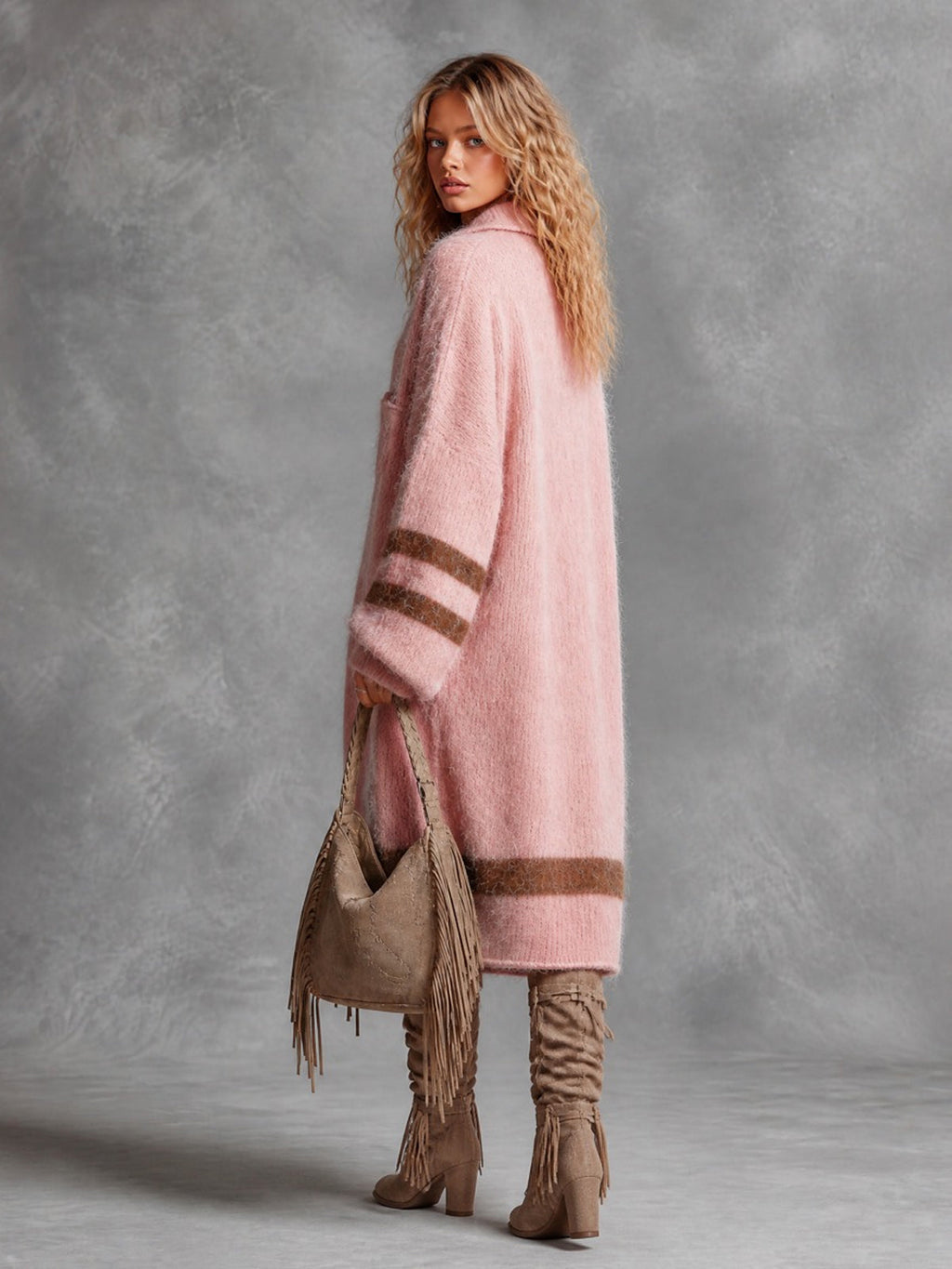 Chic Casual Pink Button-Up Lapel-Collar Long-Sleeve Brown Stripes Detail Oversized Mohair Blend Knit Midi Dress