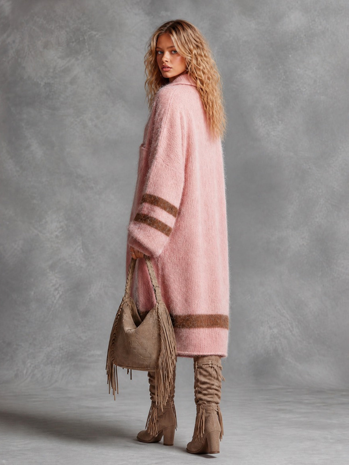 Chic Casual Pink Button-Up Lapel-Collar Long-Sleeve Brown Stripes Detail Oversized Mohair Blend Knit Midi Dress
