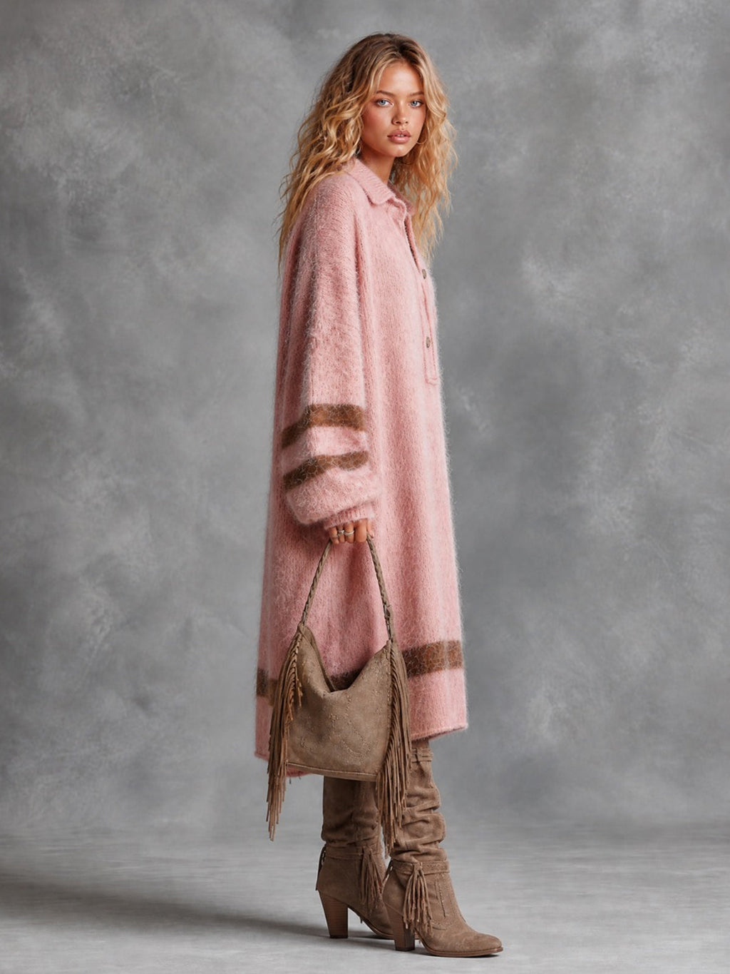 Chic Casual Pink Button-Up Lapel-Collar Long-Sleeve Brown Stripes Detail Oversized Mohair Blend Knit Midi Dress