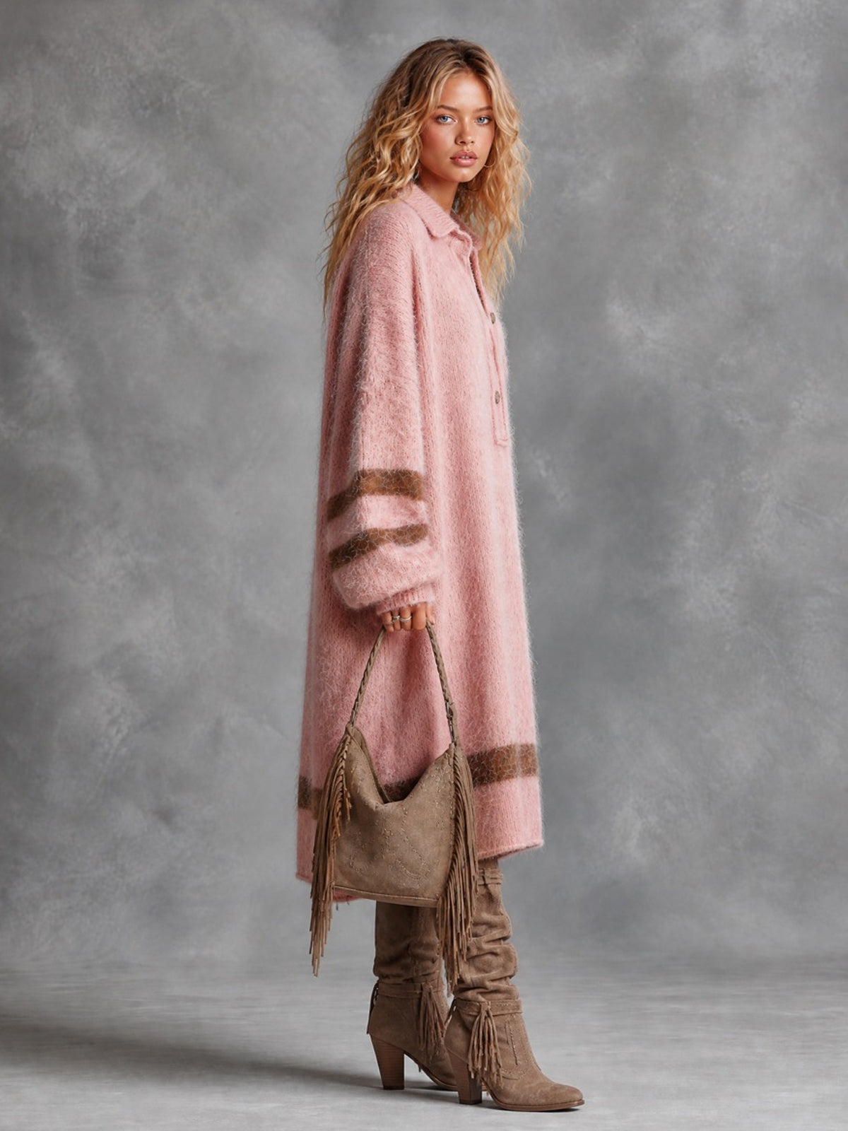 Chic Casual Pink Button-Up Lapel-Collar Long-Sleeve Brown Stripes Detail Oversized Mohair Blend Knit Midi Dress