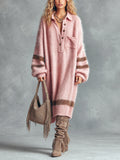 Chic Casual Pink Button-Up Lapel-Collar Long-Sleeve Brown Stripes Detail Oversized Mohair Blend Knit Midi Dress