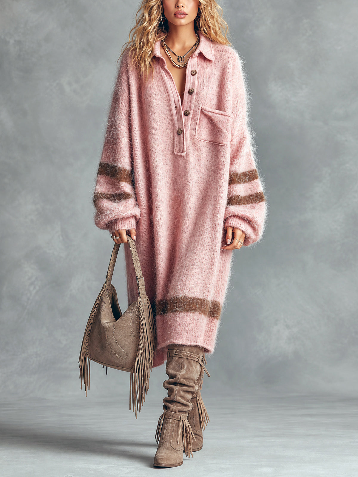 Chic Casual Pink Button-Up Lapel-Collar Long-Sleeve Brown Stripes Detail Oversized Mohair Blend Knit Midi Dress