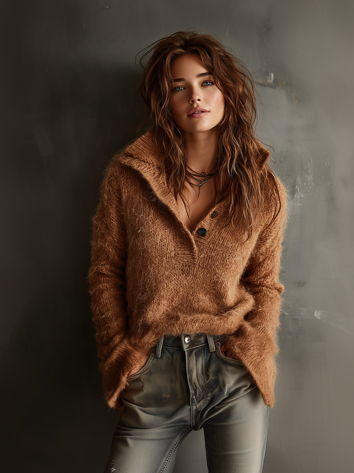 Chic Casual Brown Stand Collar Button-Front Flared Long-Sleeve Loose-Fit Fuzzy Knit Sweater