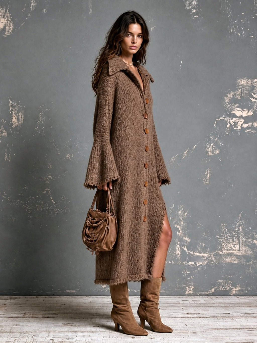 Chic Elegant Brown Lapel-Collar Single-Breasted Long-Flare-Sleeve Raw Edge Detail Side-Slit Loose-Fit Wool Blend Knit Maxi Dress
