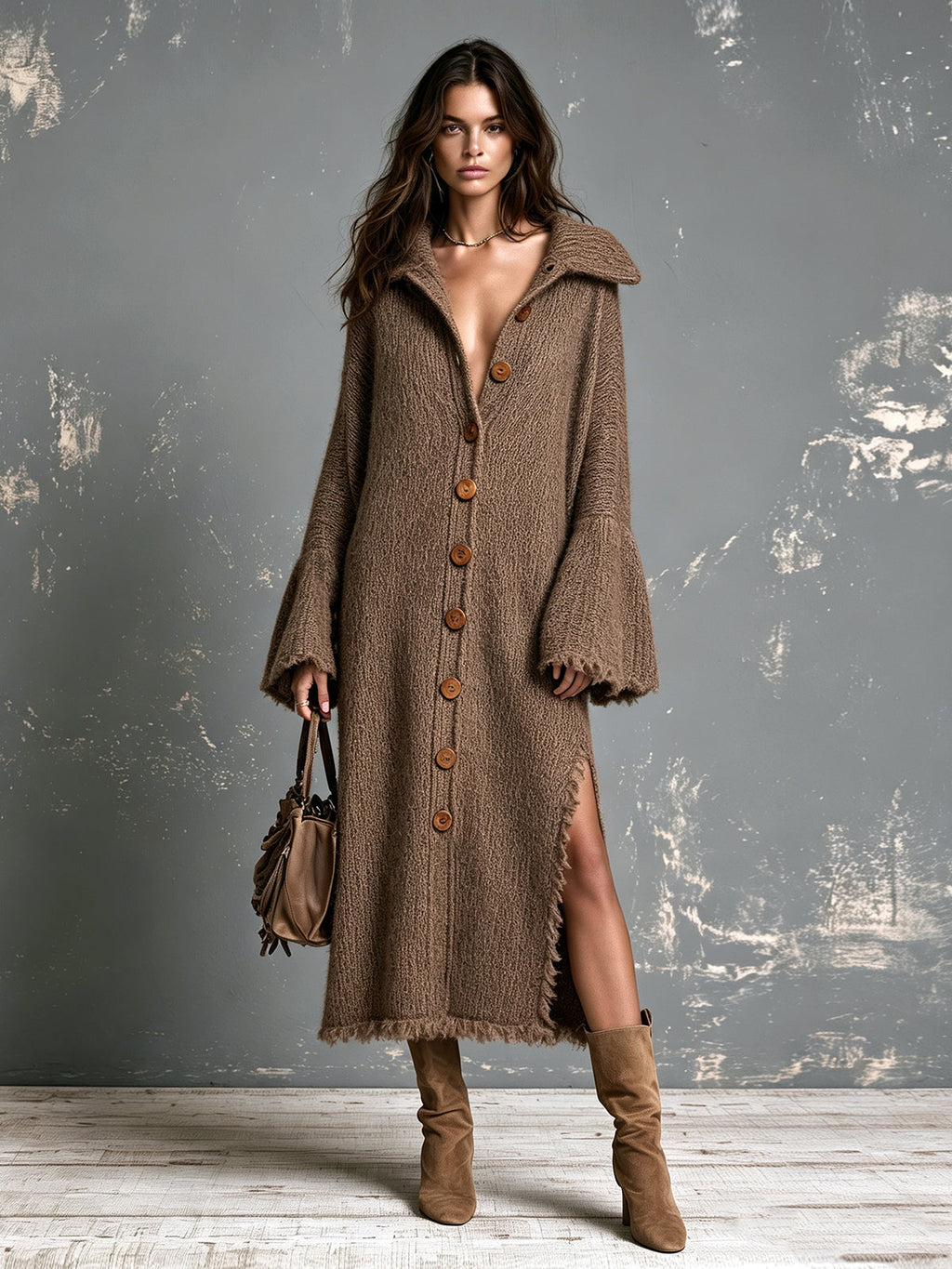Chic Elegant Brown Lapel-Collar Single-Breasted Long-Flare-Sleeve Raw Edge Detail Side-Slit Loose-Fit Wool Blend Knit Maxi Dress