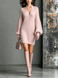 Chic Elegant Pink Stand Collar V-Neck Dropped-Shoulder Long-Lantern-Sleeve H-Shaped Wool Blend Knit Mini Dress