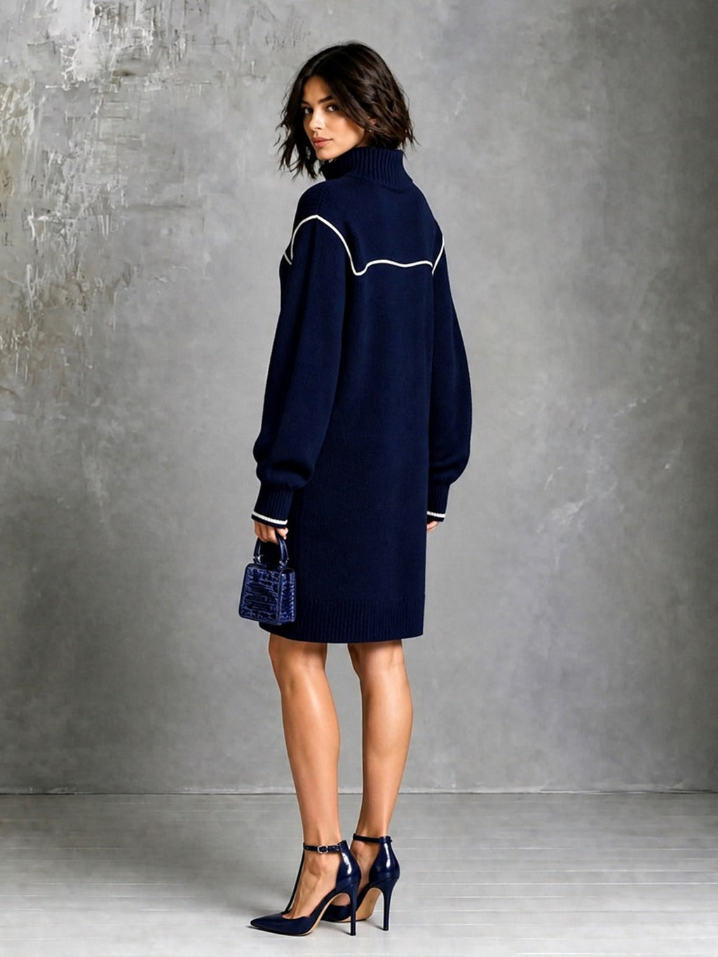 Chic Elegant Navy Blue Zipper-Up Stand Collar Long-Sleeve White Trim Detail Loose-Fit Wool Blend Knit Mini Dress