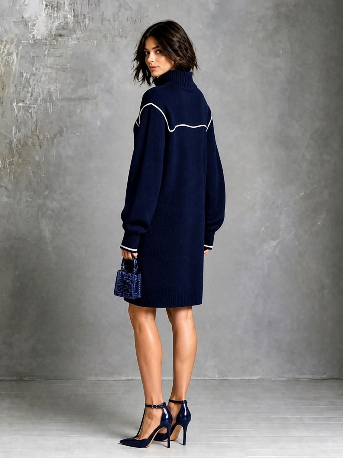 Chic Elegant Navy Blue Zipper-Up Stand Collar Long-Sleeve White Trim Detail Loose-Fit Wool Blend Knit Mini Dress