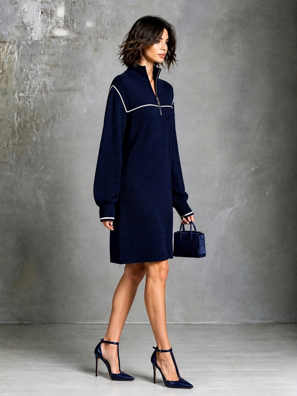 Chic Elegant Navy Blue Zipper-Up Stand Collar Long-Sleeve White Trim Detail Loose-Fit Wool Blend Knit Mini Dress