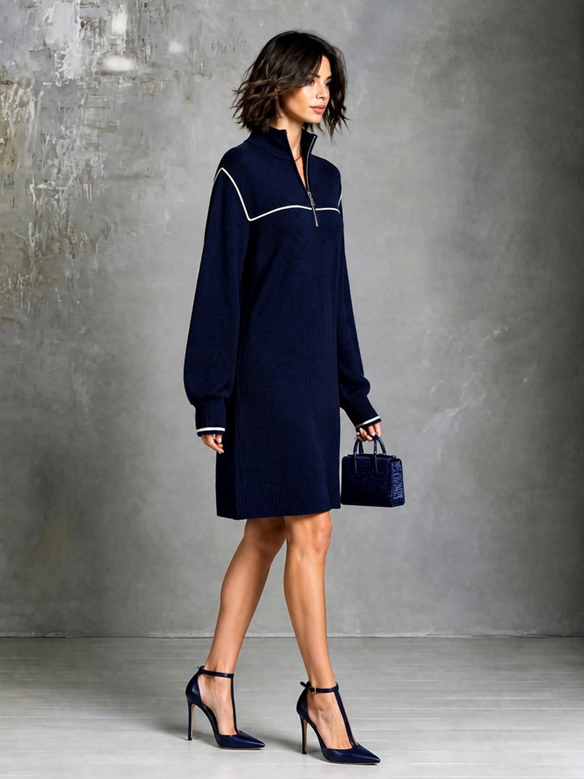 Chic Elegant Navy Blue Zipper-Up Stand Collar Long-Sleeve White Trim Detail Loose-Fit Wool Blend Knit Mini Dress