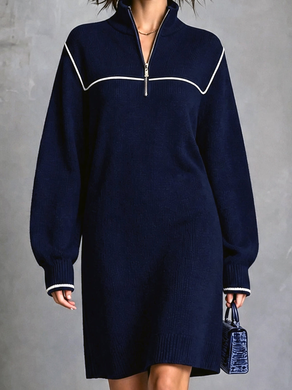 Chic Elegant Navy Blue Zipper-Up Stand Collar Long-Sleeve White Trim Detail Loose-Fit Wool Blend Knit Mini Dress
