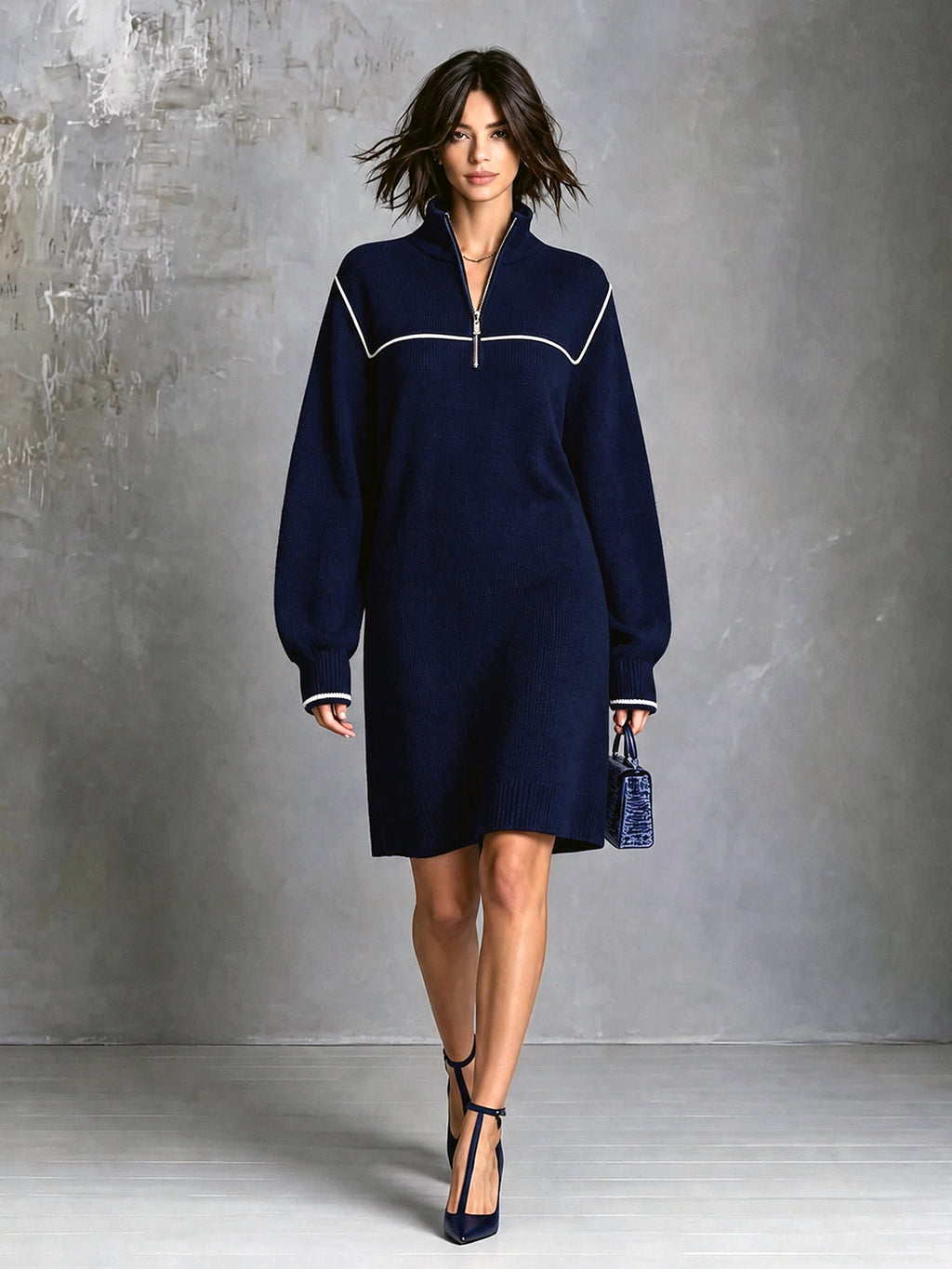 Chic Elegant Navy Blue Zipper-Up Stand Collar Long-Sleeve White Trim Detail Loose-Fit Wool Blend Knit Mini Dress