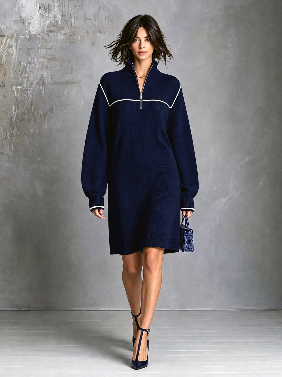 Chic Elegant Navy Blue Zipper-Up Stand Collar Long-Sleeve White Trim Detail Loose-Fit Wool Blend Knit Mini Dress