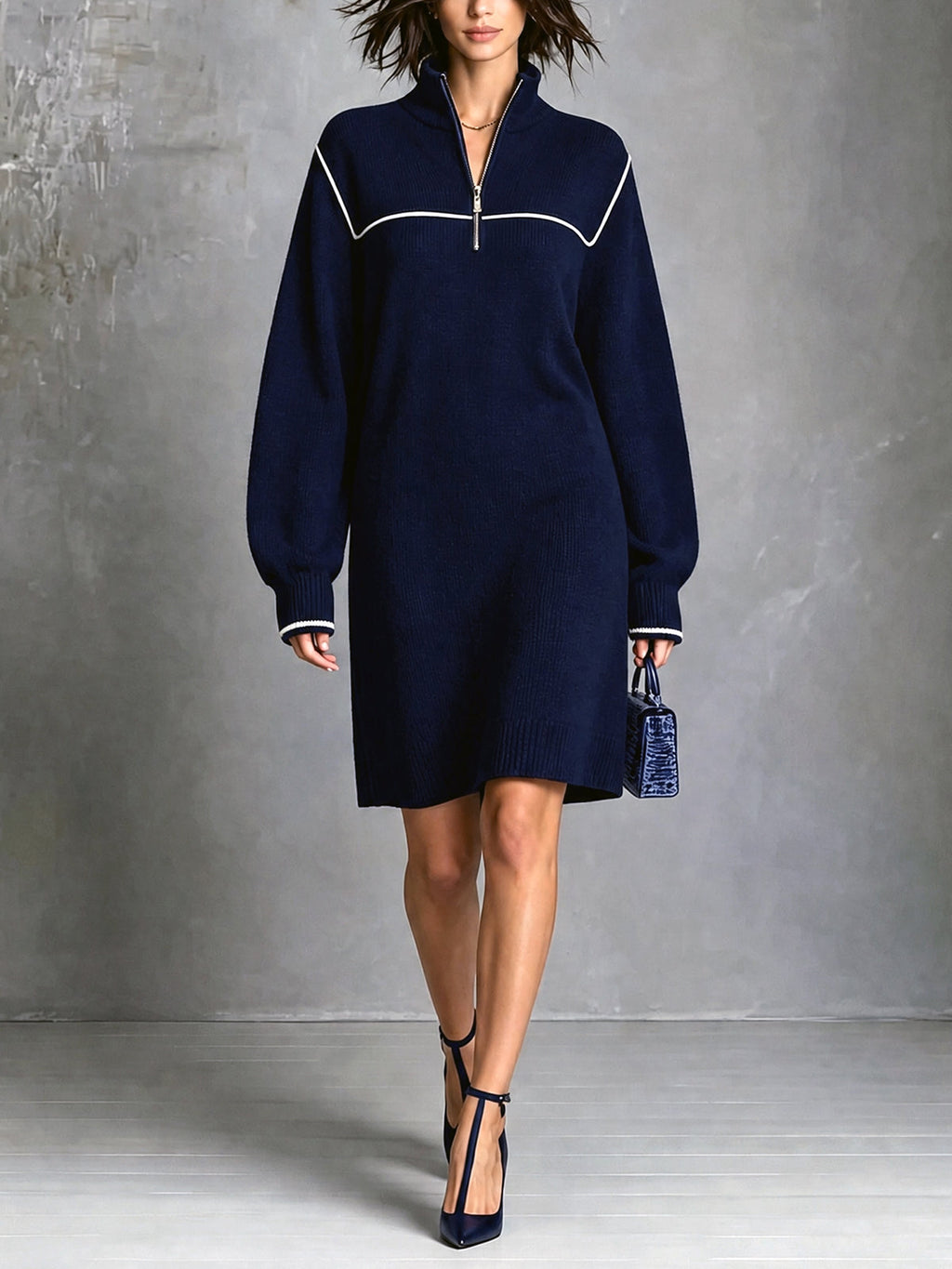 Chic Elegant Navy Blue Zipper-Up Stand Collar Long-Sleeve White Trim Detail Loose-Fit Wool Blend Knit Mini Dress