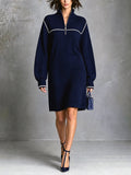 Chic Elegant Navy Blue Zipper-Up Stand Collar Long-Sleeve White Trim Detail Loose-Fit Wool Blend Knit Mini Dress