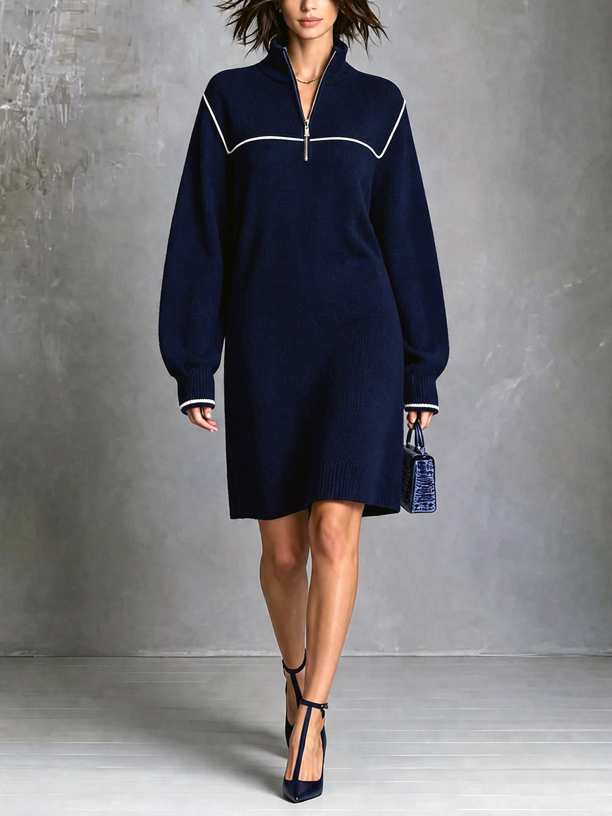 Chic Elegant Navy Blue Zipper-Up Stand Collar Long-Sleeve White Trim Detail Loose-Fit Wool Blend Knit Mini Dress