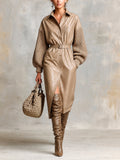 Chic Elegant Light Brown Lapel Single-Breasted Knit Patchwork Lantern-Sleeve Belted Patch Pocket Detail Loose-Fit PU Midi Dress