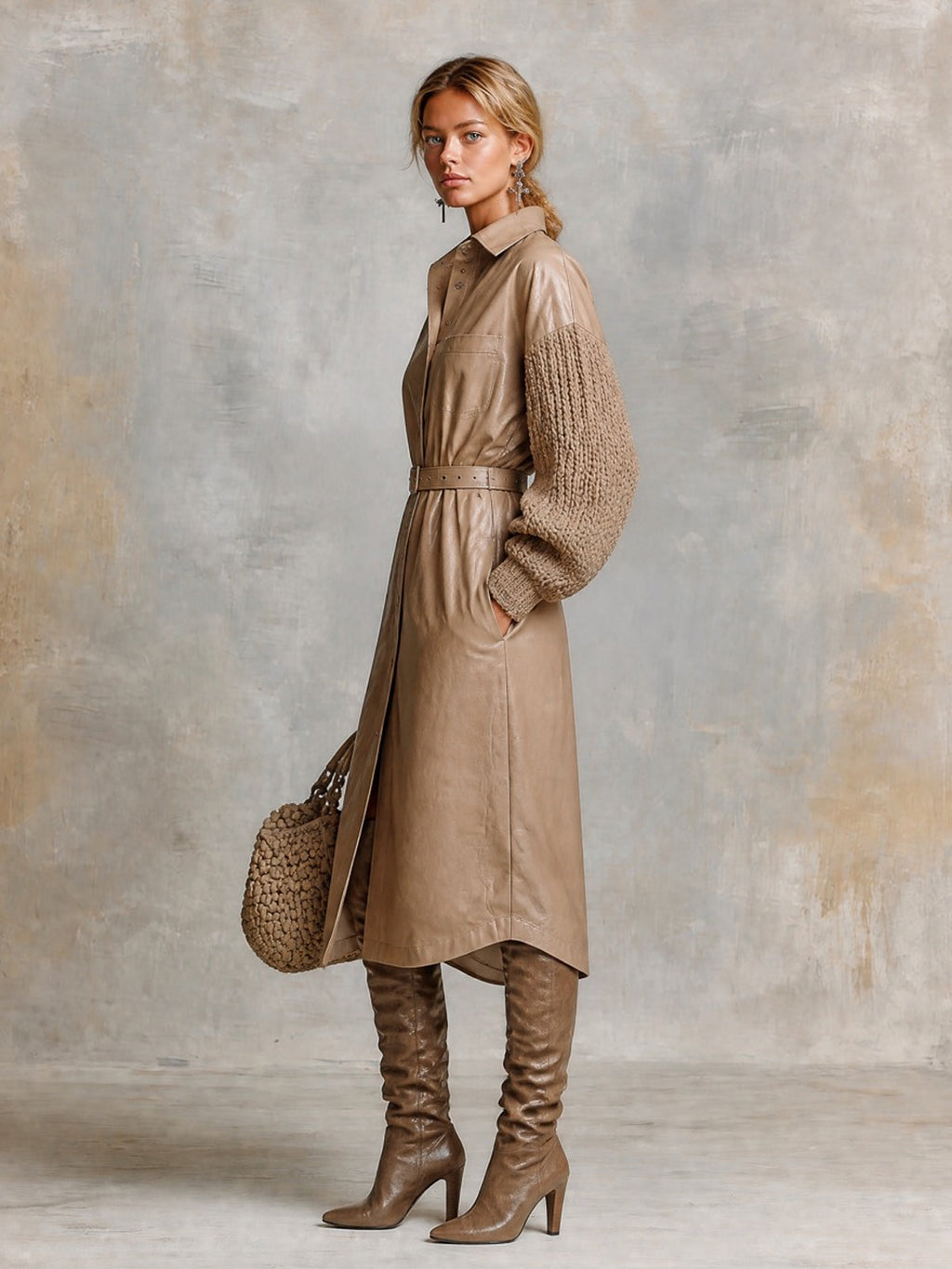 Chic Elegant Light Brown Lapel Single-Breasted Knit Patchwork Lantern-Sleeve Belted Patch Pocket Detail Loose-Fit PU Midi Dress