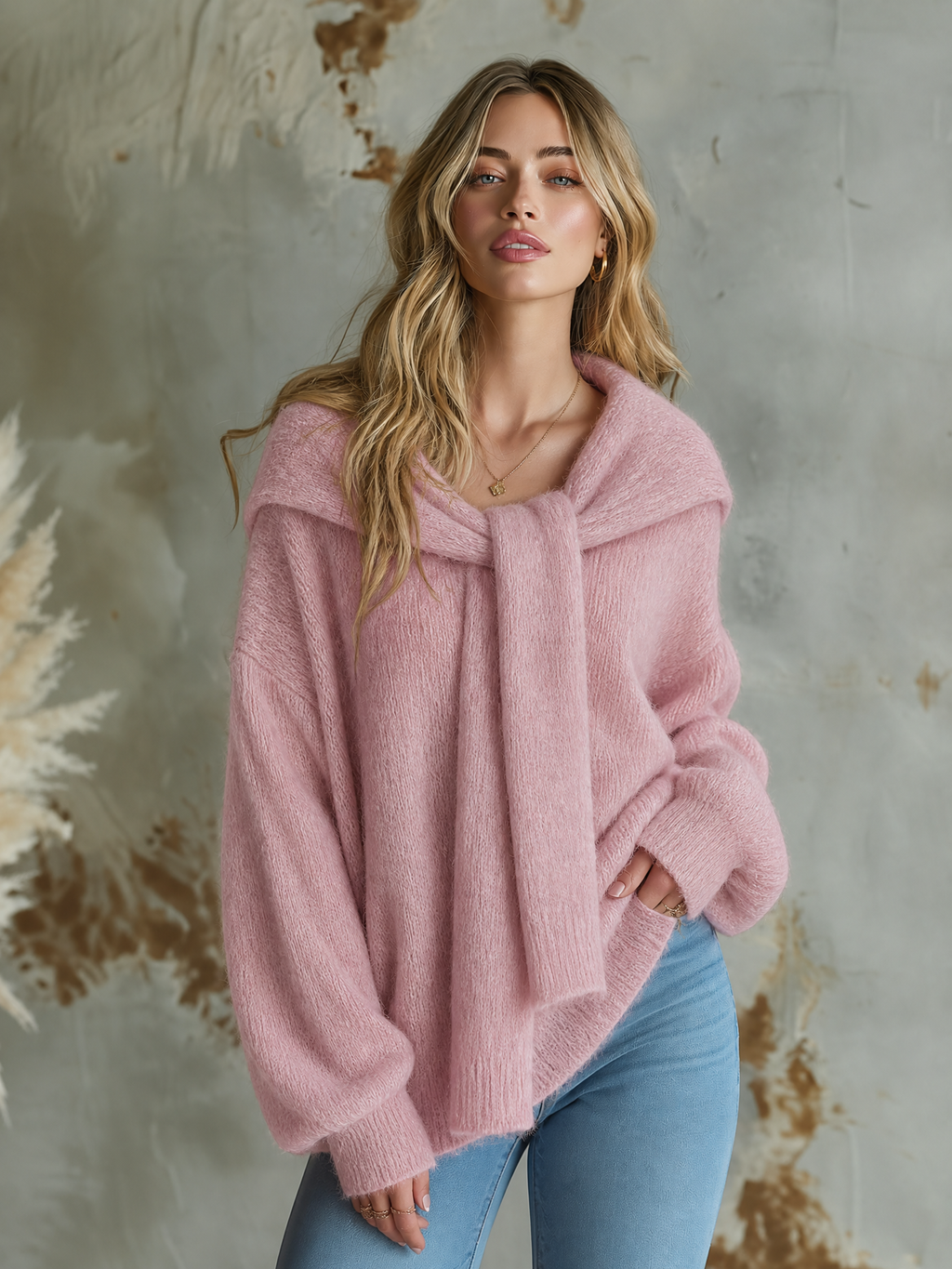 Chic Casual Dusty Pink Detachable Scarf Collar Dropped-Shoulder Long-Sleeve Loose-Fit Fuzzy Knit Sweater